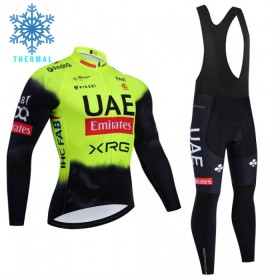 Set Fietsshirt Lange Mouw + Lange Koersbroek 2025 UAE TEAM EMIRATES Winter Thermal Fleece Groente